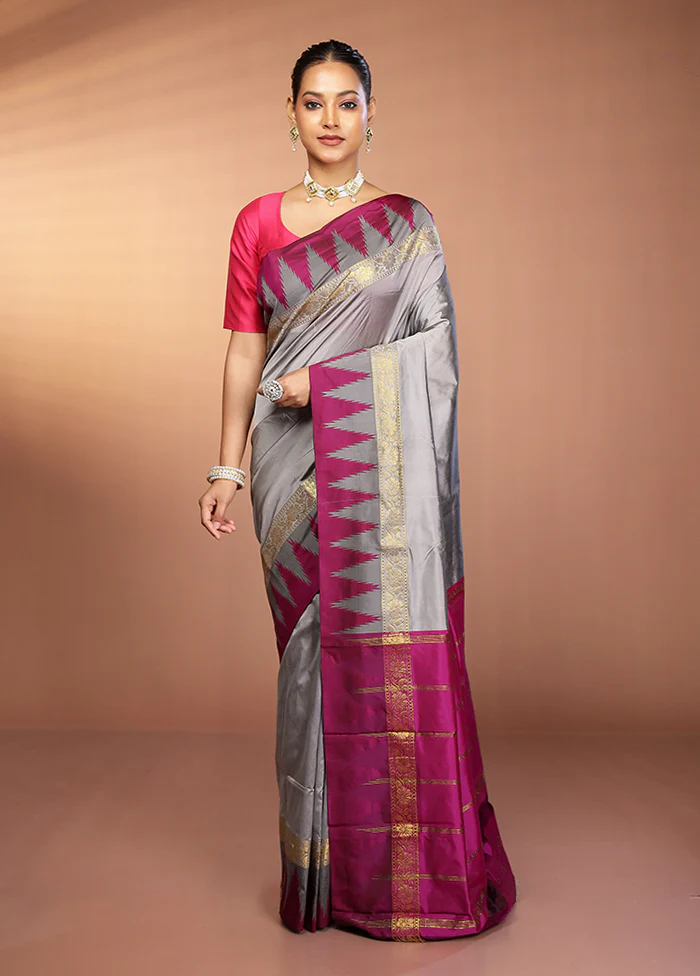 Grey Kanjivaram Silk Saree With Blouse Piece - Image 2