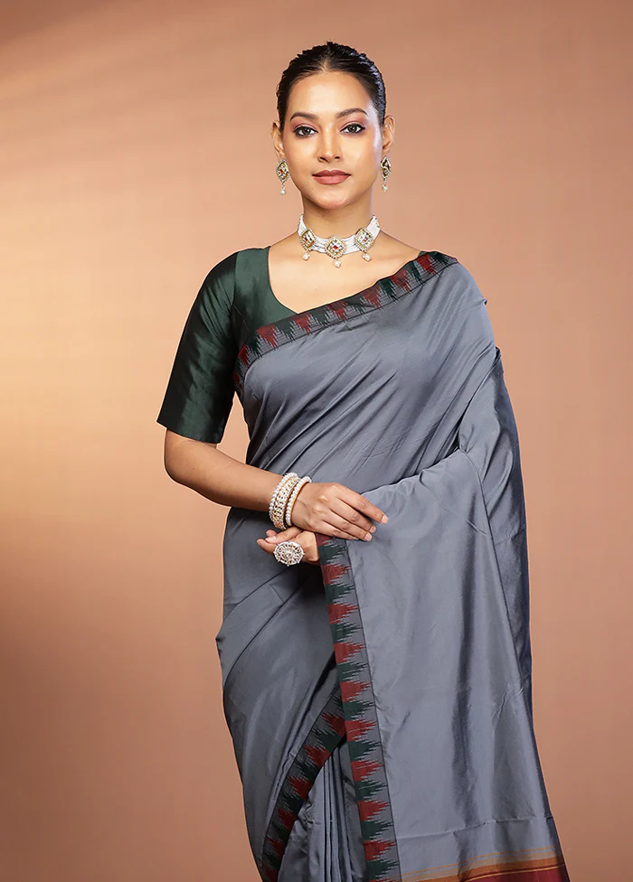 Grey Kanjivaram Silk Saree With Blouse Piece