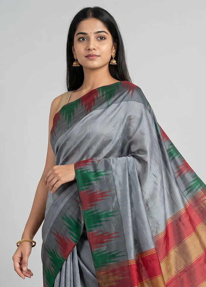 Grey Kanjivaram Silk Saree With Blouse Piece - Image 2