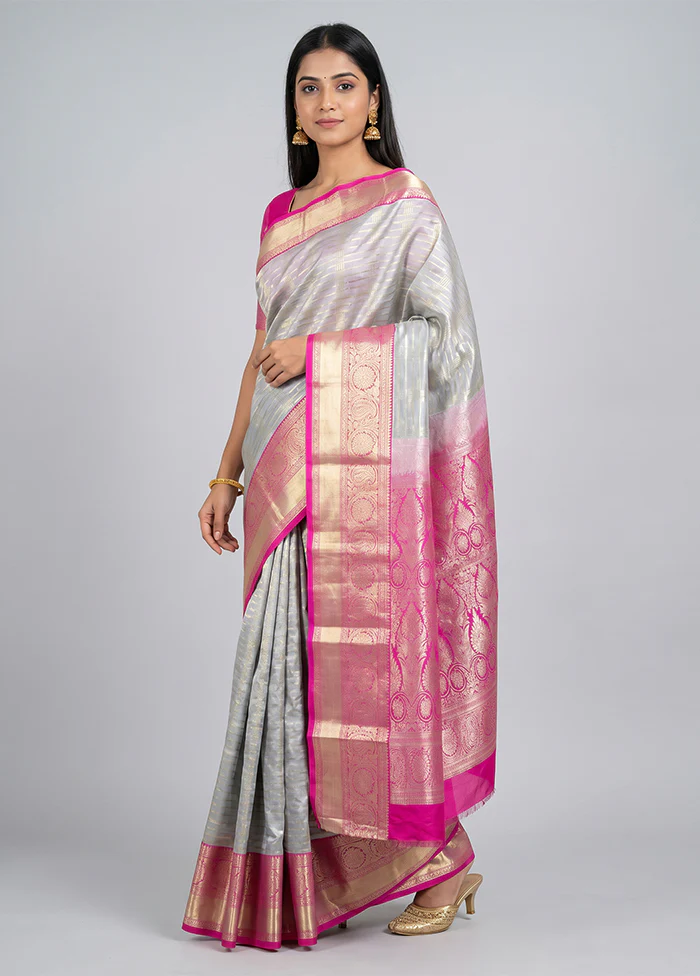 Grey Kanjivaram Silk Saree With Blouse Piece
