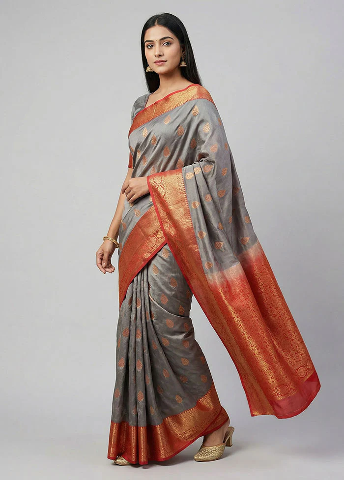 Grey Kanjivaram Silk Saree With Blouse Piece