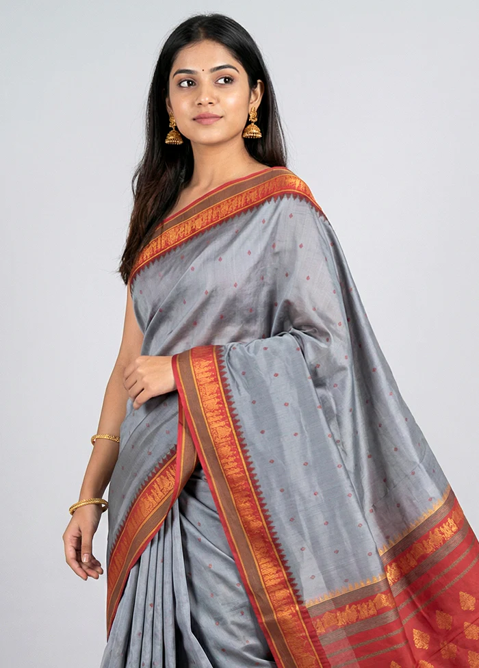 Grey Kanjivaram Silk Saree With Blouse Piece - Image 2