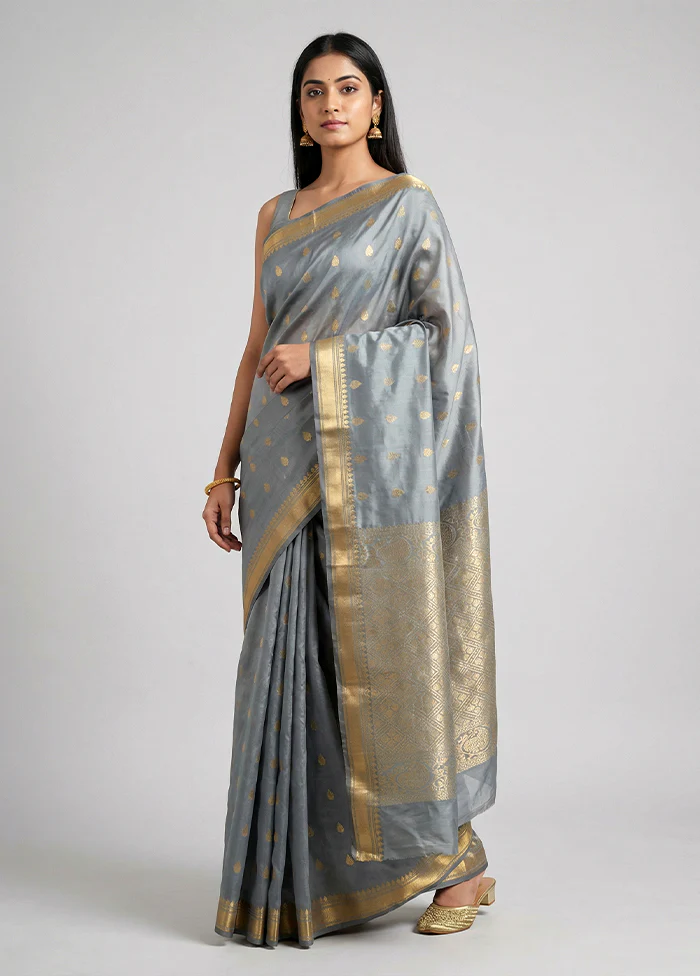 Grey Kanjivaram Silk Saree With Blouse Piece