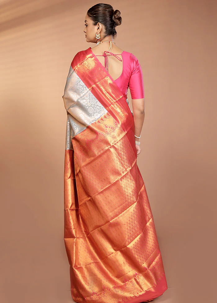 Grey Kanjivaram Silk Saree With Blouse Piece - Image 3