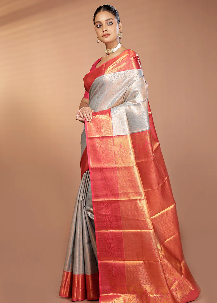 Grey Kanjivaram Silk Saree With Blouse Piece - Image 4