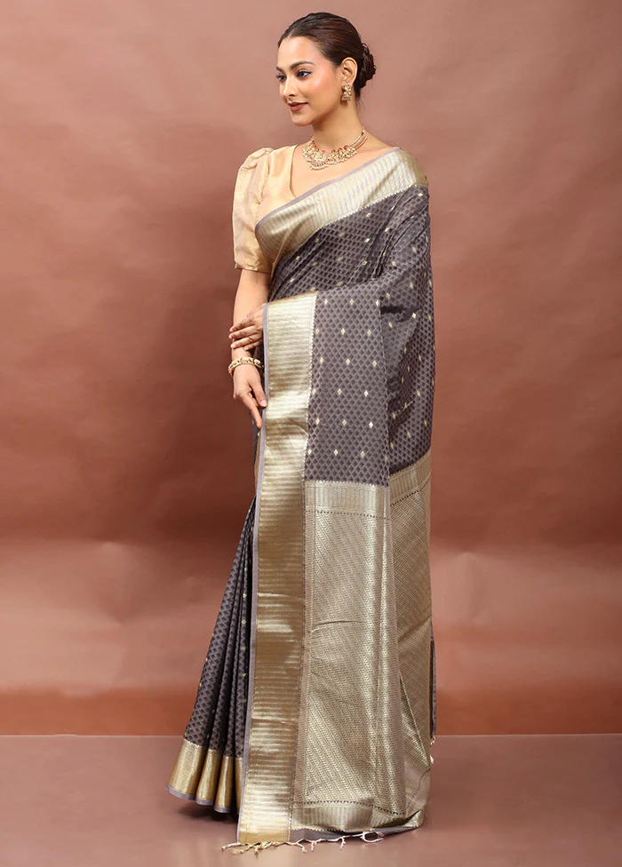 Grey Kanjivaram Silk Saree With Blouse Piece - Image 4