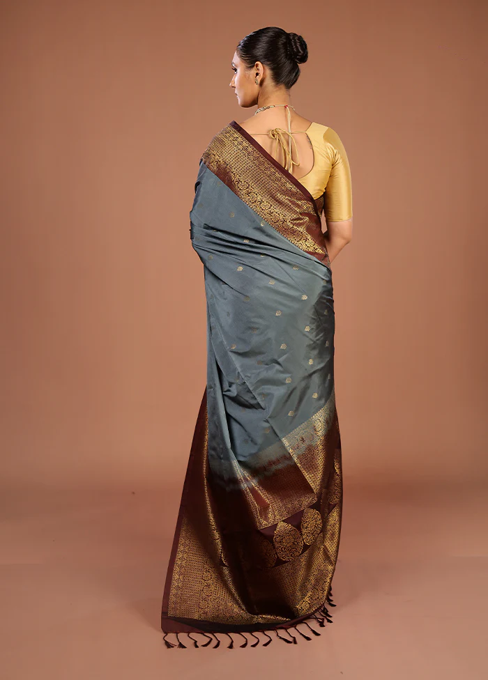 Grey Kanjivaram Silk Saree With Blouse Piece - Image 3