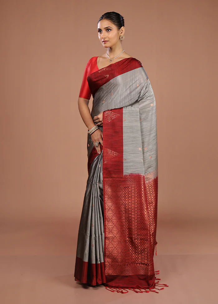 Grey Kanjivaram Silk Saree With Blouse Piece - Image 4