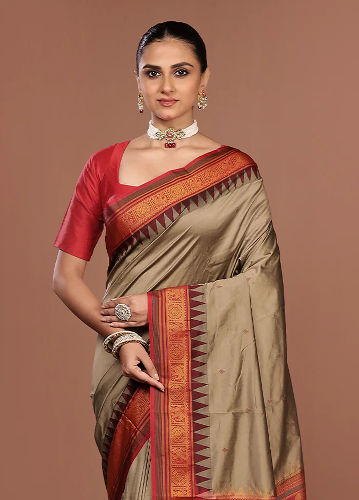 Grey Kanjivaram Silk Saree With Blouse Piece
