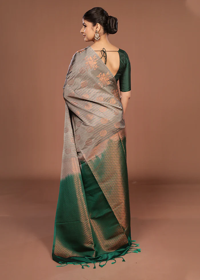 Grey Kanjivaram Silk Saree With Blouse Piece - Image 3
