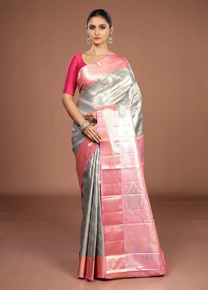 Grey Kanjivaram Silk Saree With Blouse Piece - Image 2
