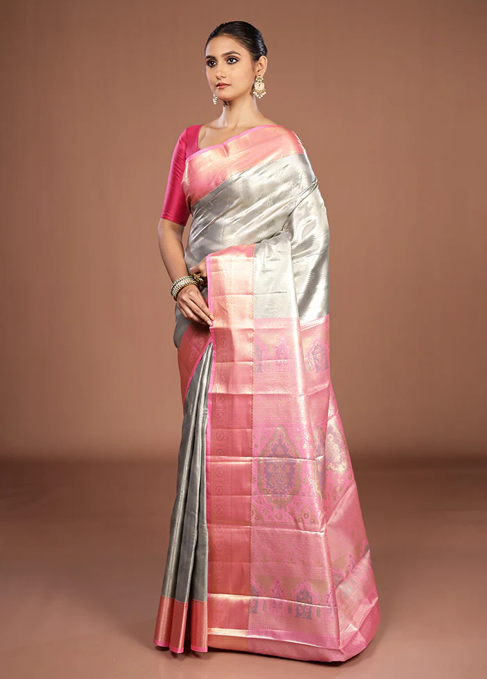 Grey Kanjivaram Silk Saree With Blouse Piece - Image 4