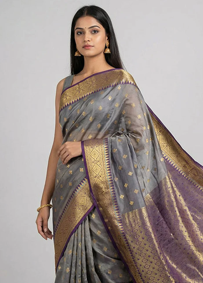 Grey Kanjivaram Silk Saree With Blouse Piece - Image 2