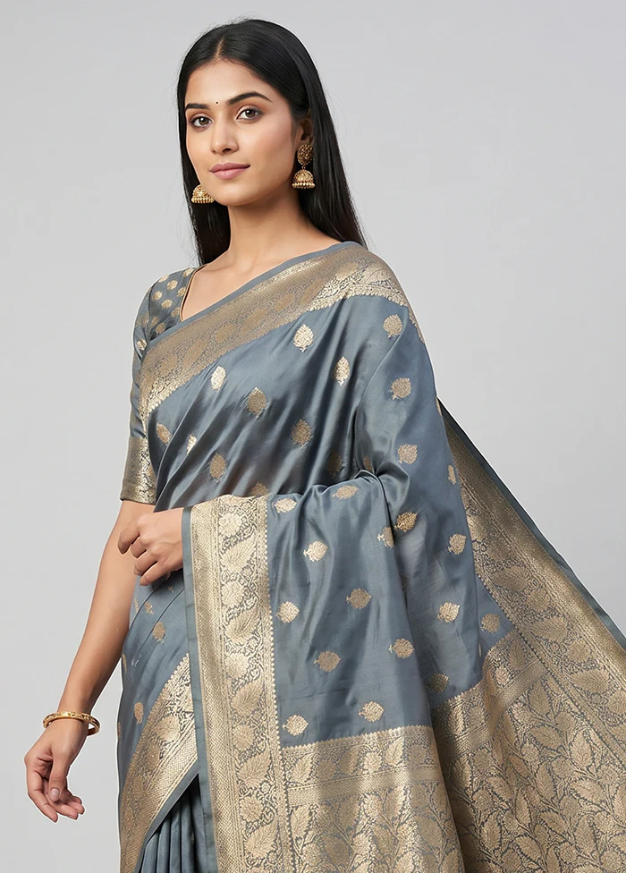 Grey Katan Silk Saree With Blouse Piece - Image 2