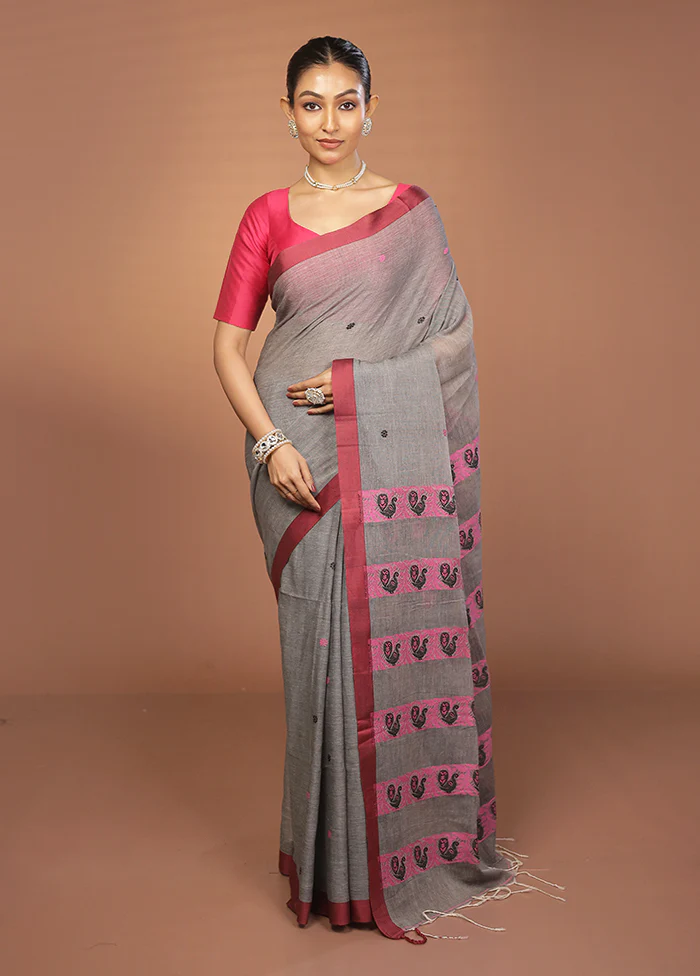 Grey Khadi Cotton Saree With Blouse Piece - Image 2
