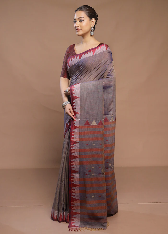 Grey Cotton Saree With Blouse Piece - Image 4