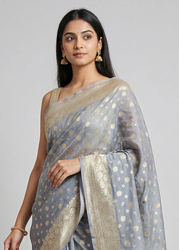 Grey Kora Silk Saree With Blouse Piece - Image 2