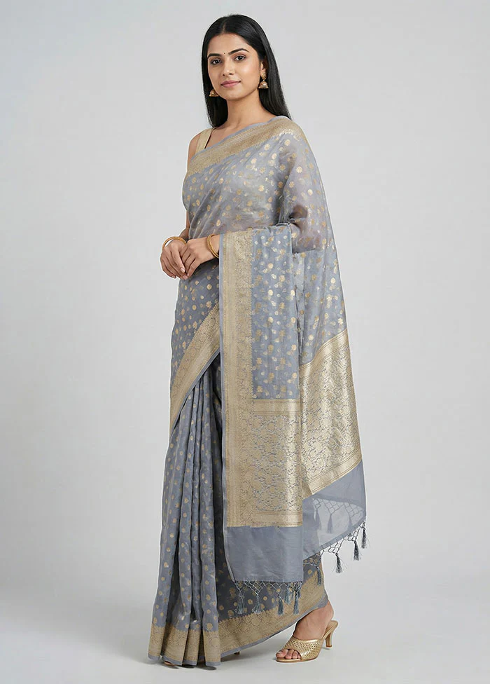 Grey Kora Silk Saree With Blouse Piece