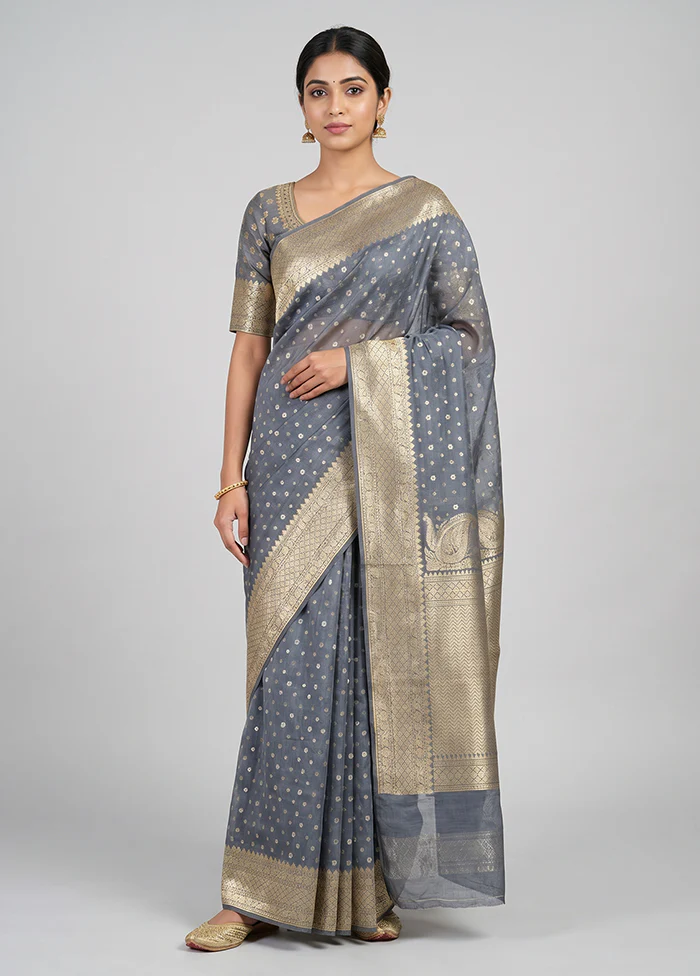 Grey Kora Silk Saree With Blouse Piece
