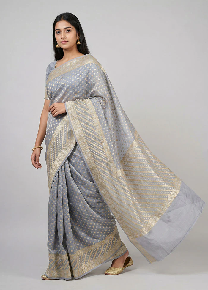 Grey Kora Silk Saree With Blouse Piece
