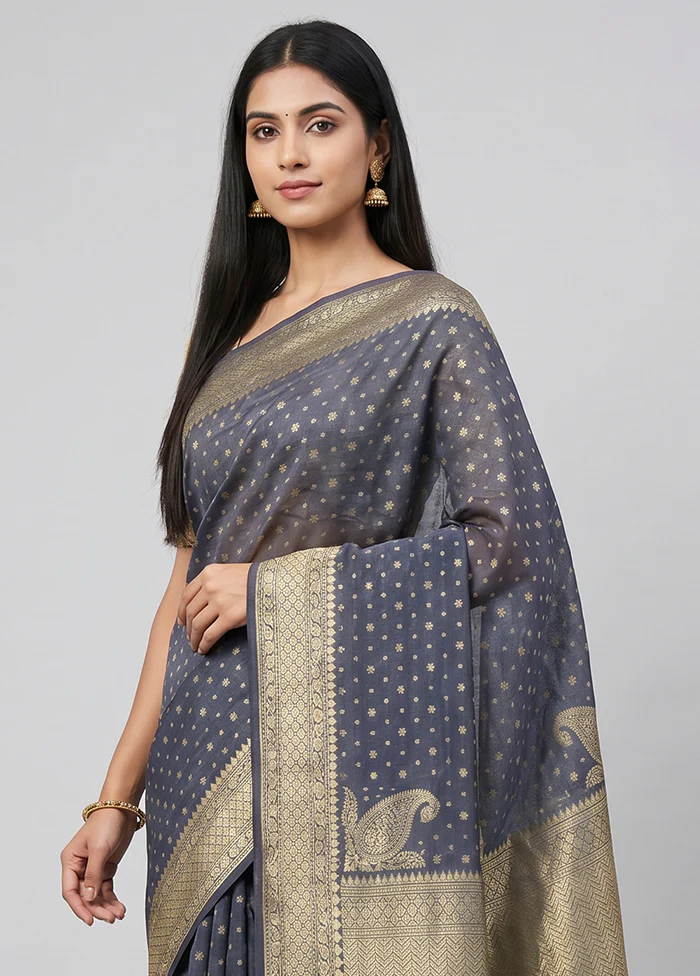 Grey Kora Silk Saree With Blouse Piece - Image 2