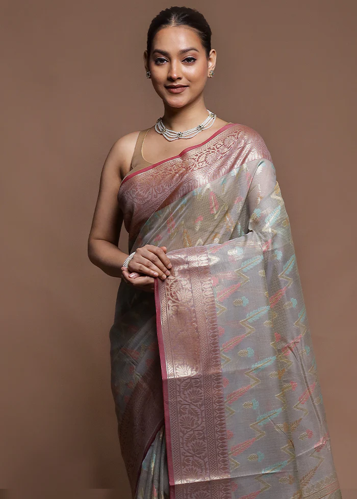 Grey Kora Silk Saree With Blouse Piece - Image 2