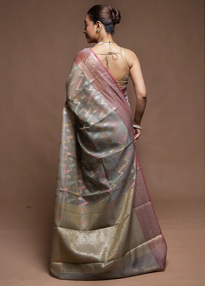 Grey Kora Silk Saree With Blouse Piece - Image 3