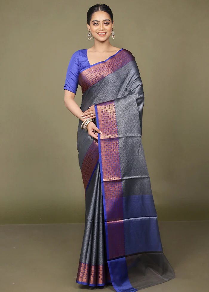 Grey Kora Silk Saree With Blouse Piece - Image 2