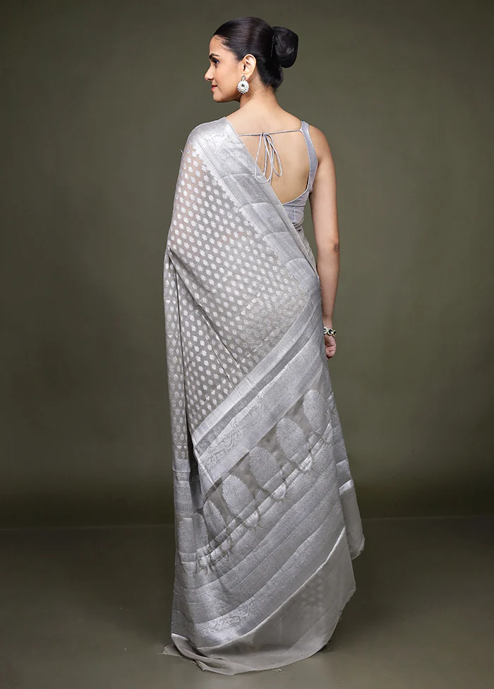 Grey Kora Silk Saree With Blouse Piece - Image 3