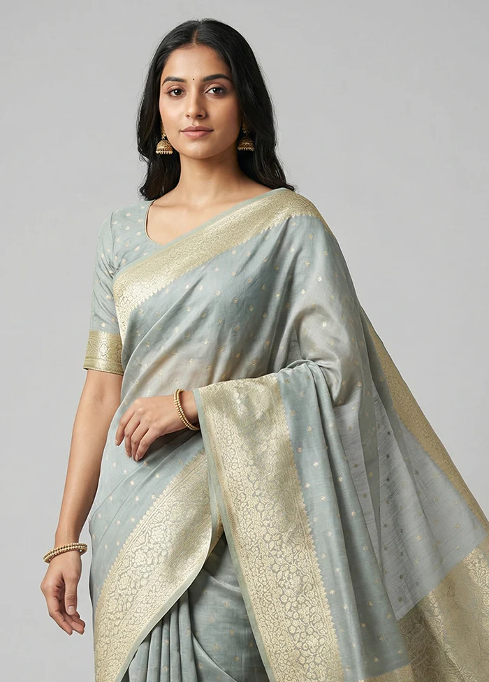 Grey Kora Silk Saree With Blouse Piece - Image 2