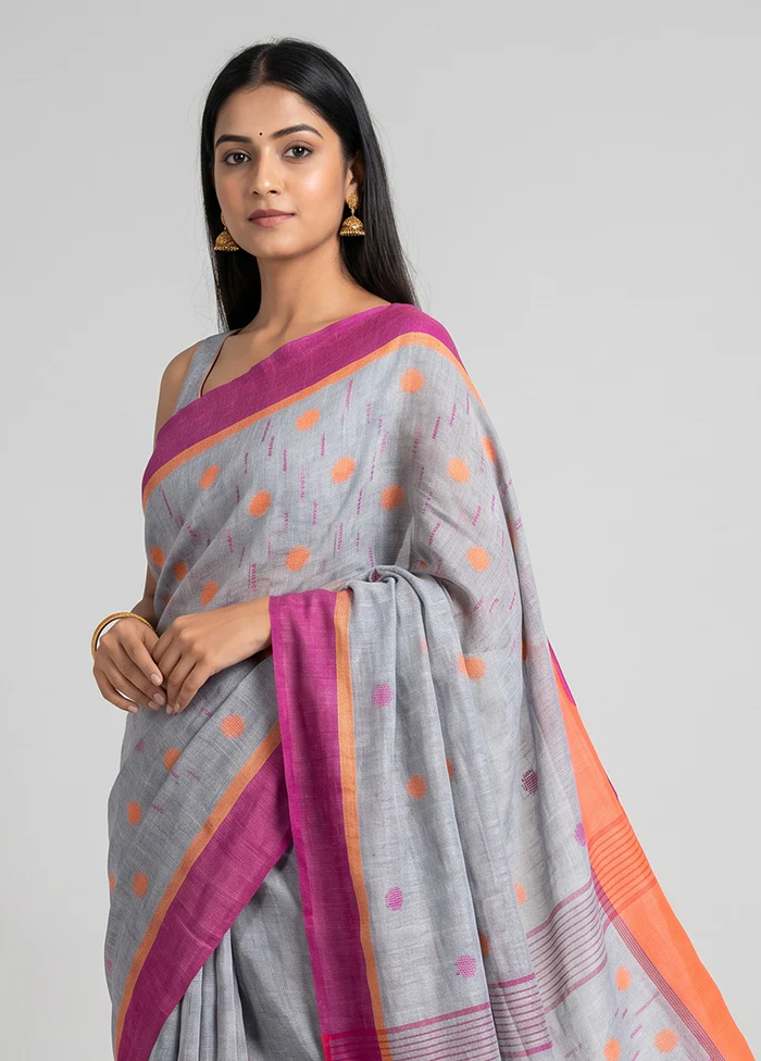 Grey Linen Silk Saree With Blouse Piece - Image 2