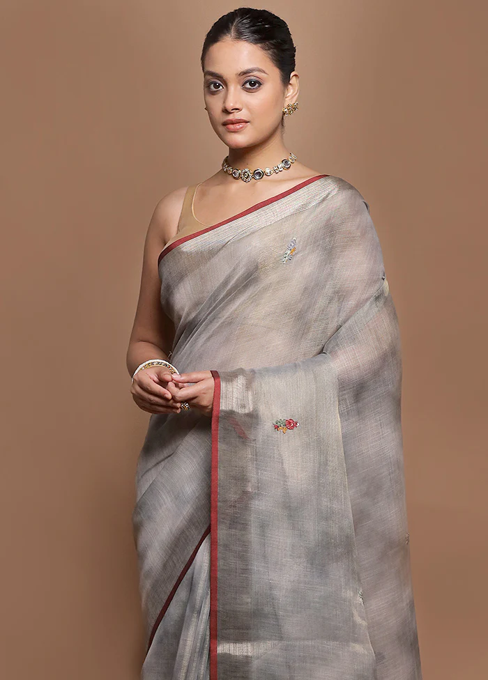 Grey Linen Silk Saree With Blouse Piece - Image 2