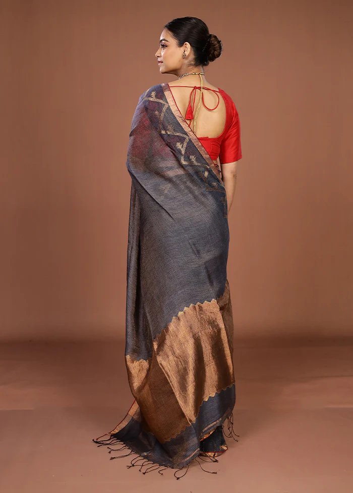 Grey Linen Silk Saree With Blouse Piece - Image 3