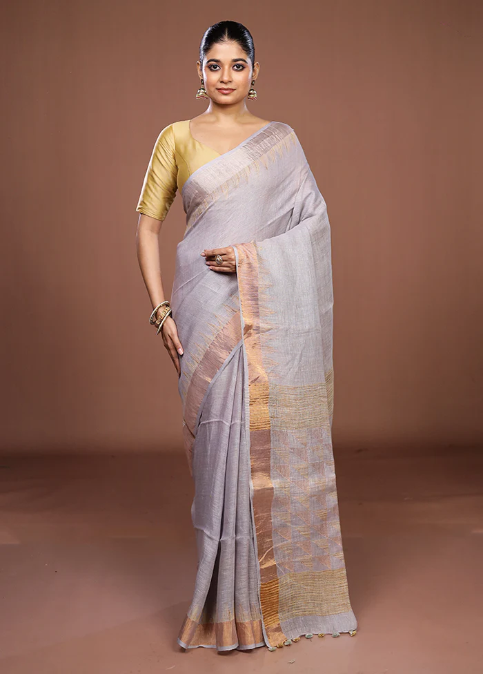 Grey Linen Silk Saree With Blouse Piece - Image 2