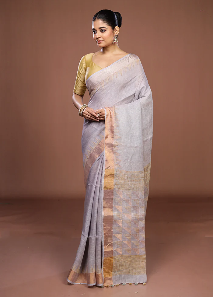 Grey Linen Silk Saree With Blouse Piece - Image 4