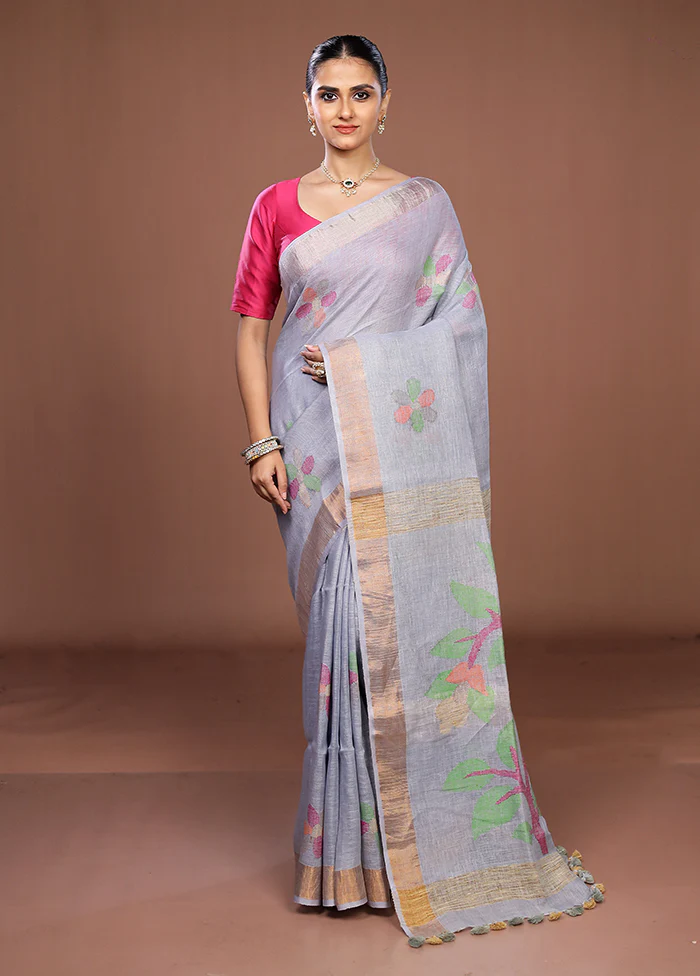 Grey Linen Silk Saree With Blouse Piece - Image 2