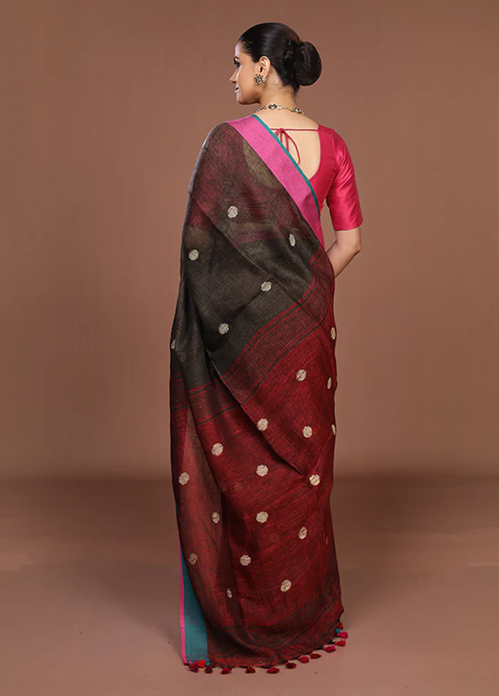 Grey Linen Silk Saree With Blouse Piece - Image 3