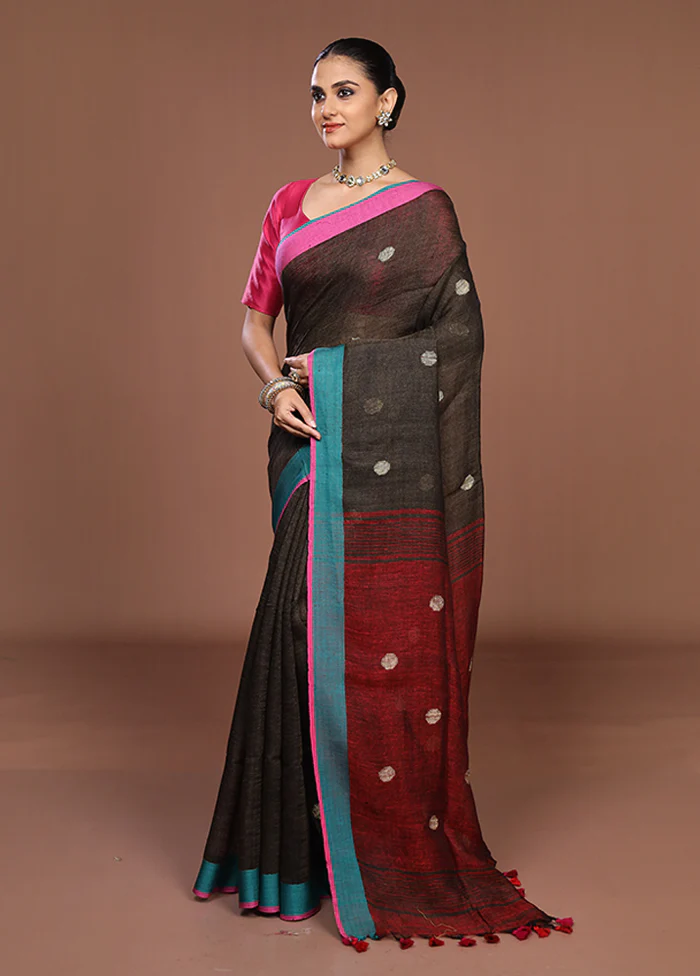 Grey Linen Silk Saree With Blouse Piece - Image 4