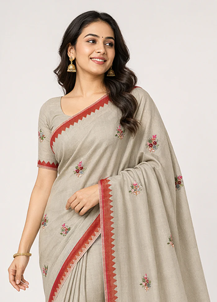 Grey Linen Silk Saree With Blouse Piece - Image 2
