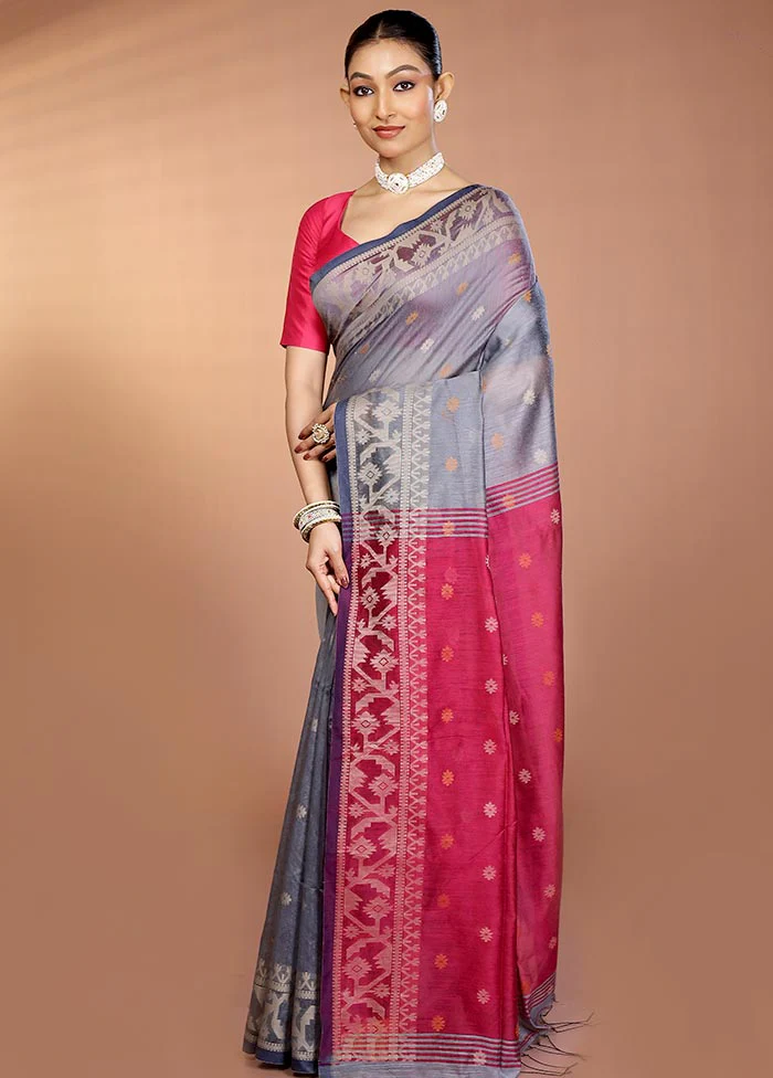 Grey Matka Silk Saree With Blouse Piece - Image 4