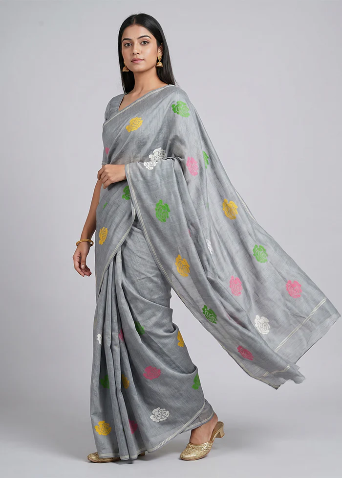 Grey Matka Silk Saree With Blouse Piece