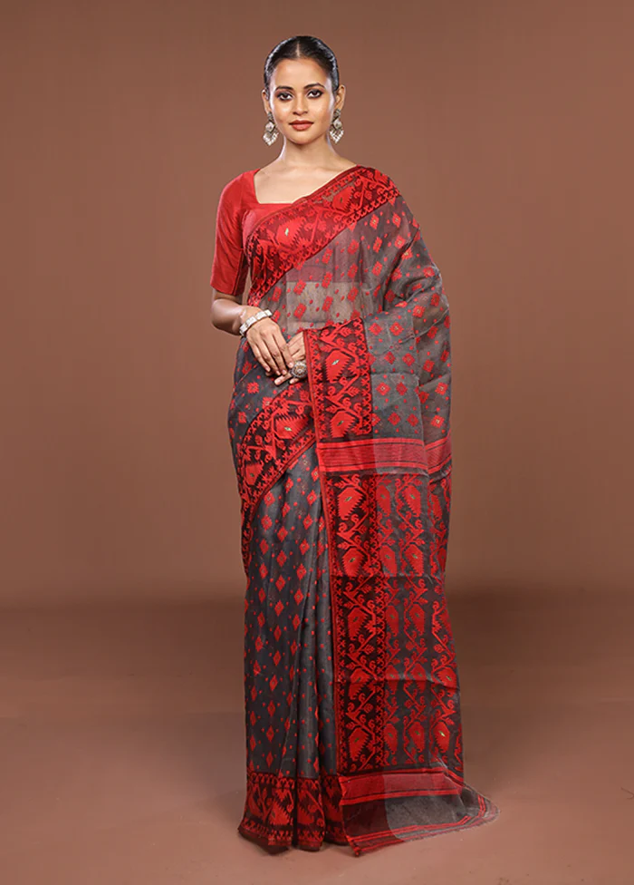 Grey Jamdani Cotton Saree Without Blouse Piece - Image 2