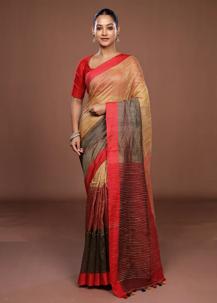 Cream Matka Silk Saree With Blouse Piece - Image 2