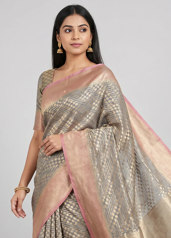 Grey Organza Saree With Blouse Piece - Image 2