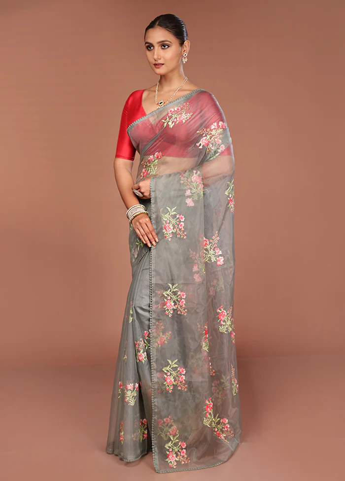 Grey Organza Saree With Blouse Piece - Image 4