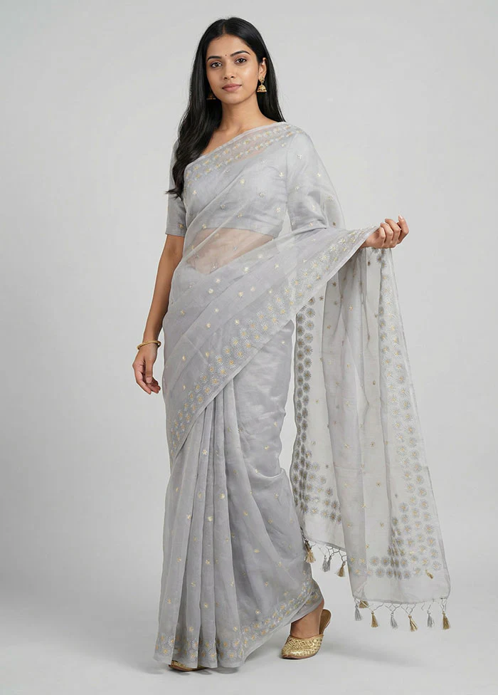 Grey Organza Saree With Blouse Piece
