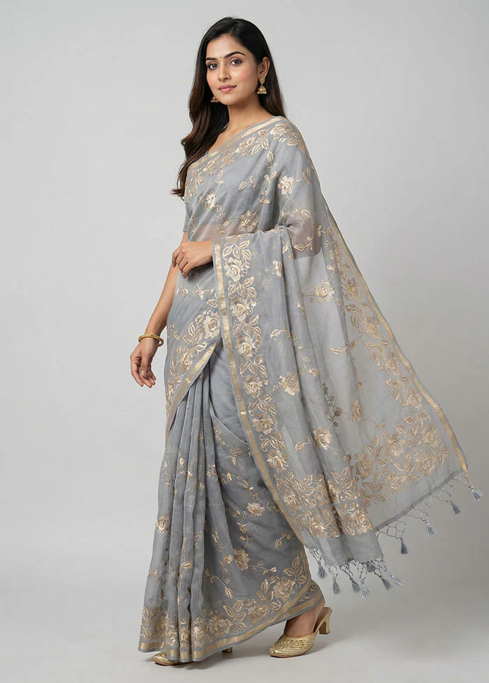 Grey Organza Saree With Blouse Piece
