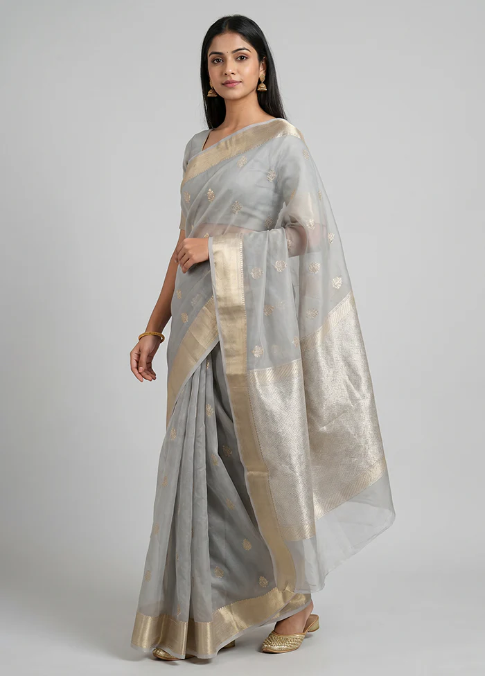 Grey Organza Saree With Blouse Piece