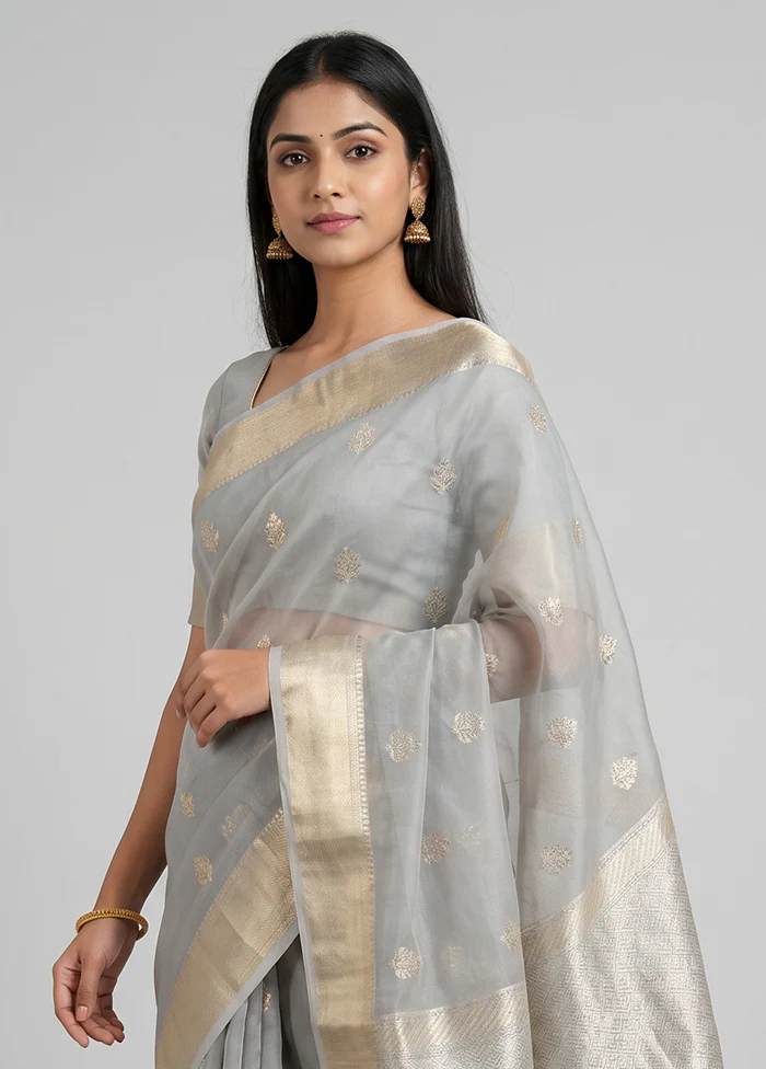 Grey Organza Saree With Blouse Piece - Image 2