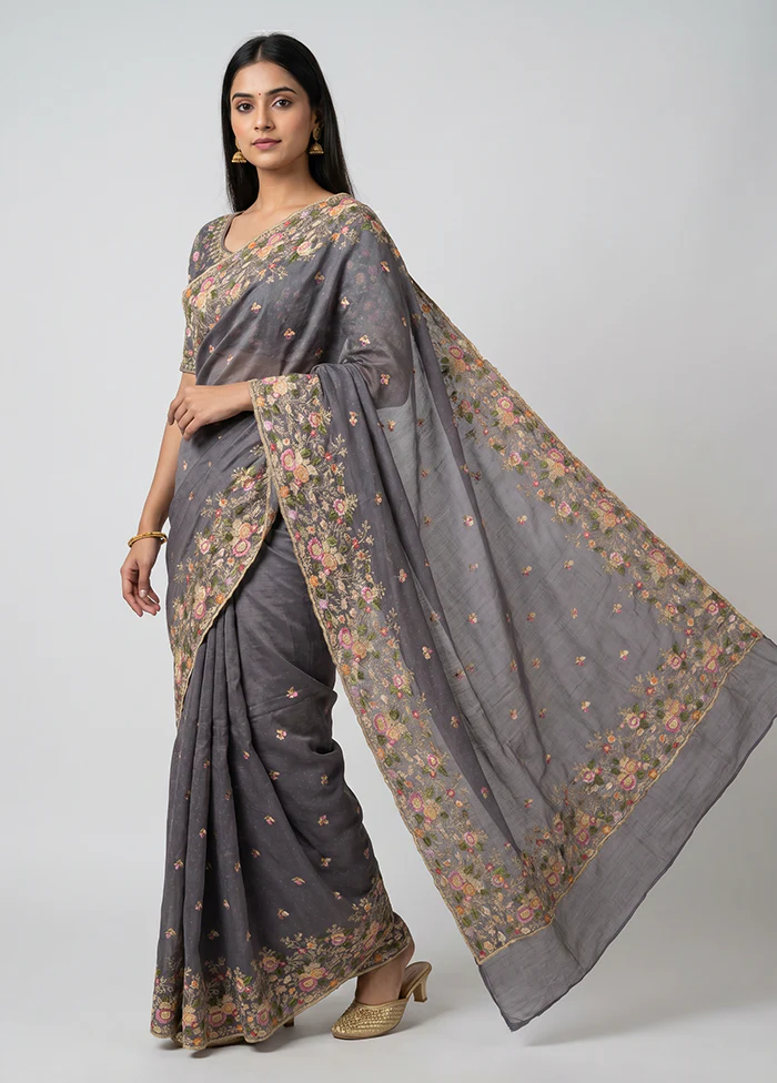 Grey Organza Saree With Blouse Piece
